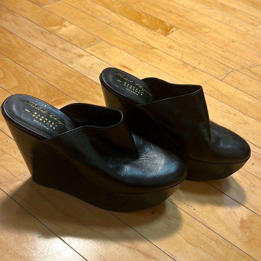 Black French made platform wedges. Robert Clergerio for Barney’s exclusive.